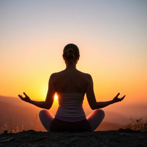 Woman meditating outdoors at sunrise, promoting mindfulness.